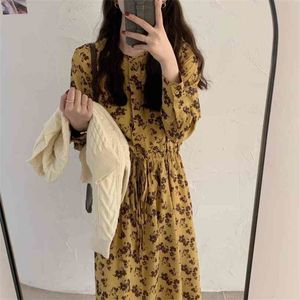 Elegance Printed Florals Fashion Gentle Femme Streetwear Sweet OL Chic All Match Long Dresses Vestidos 210525