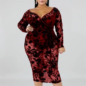 6xl Plus Size Dresses Women See Through Sexy V Neck Långärmad Midi Längd Evening Party Night Out Club Wear Robes för damer 210527