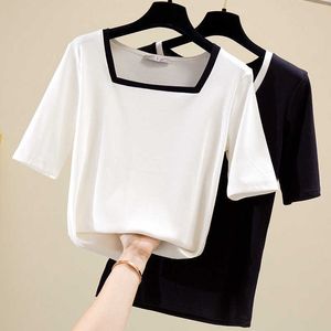 Lato Harajuku T Shirt Kobiety Casual Kobiet Koszulki U-Neck Topy Pół Rękaw Bawełniany Koszulka Damska Obratki Czarny Biały 210604