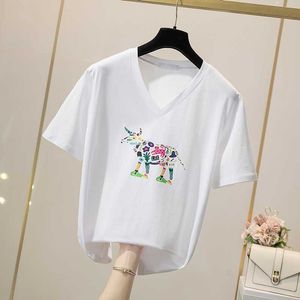 Moda Çiçek Baskı Kadın Yaz T-shirt Beyaz Pamuk Kadın Tişörtleri Rahat Harajuku T Gömlek Femme Pembe Gevşek Top 210604