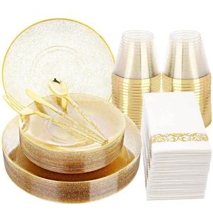 Dininanete descartável 50 peças Tableware Gold Glitter Bandey com talheres adequados para casamentos e festas