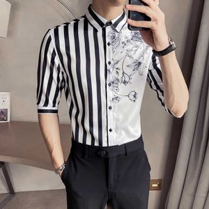 Striped Shirts Men Short Sleeve Slim Streetwear Casual Shirt Social Party Nightclub Blouse Business Dress Clothing Chemise Homme 210527