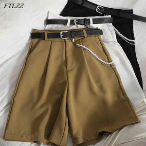 Summer Arrival Women Fashion Beading Knee Length Loose Pants Casual Solid High Waist Wide Leg with Belt 210430