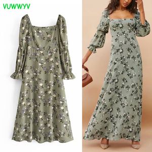 Vuwwyv grön retro blommig tryck maxi klänning kvinnor sommar elegant kväll fest kvinna puff ärm elastisk vestidos 210430
