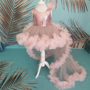 O Шеи блесток цветок платья для девочек с съемным поездом бальное платье Pageant платье TUTU юбка девушки день рождения платья