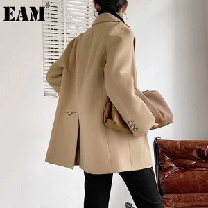 [EAM] Loose Fit Double Breasted Vent Brwon Woolen Coat Parkas Long Sleeve Women Fashion Tide Autumn Winter 1DD3858 210930