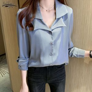 Solid plus storlek kvinnlig kläder kostym krage satin blouses koreanska lösa skjorta långärmad blus enkel ol feminin blusas 11343 210521