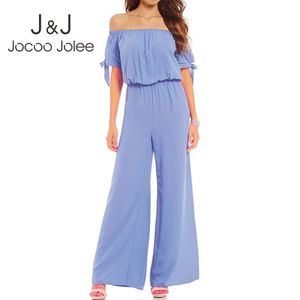 Jocoo boho blommig utskrift brett ben jumpsuits casual kortärmad av axel elastisk midja chiffong klänning strand fest romer 210518