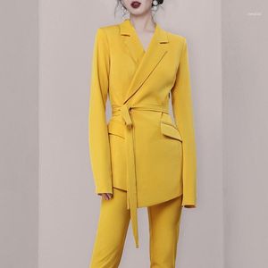 Vintage Jesień Kobiety Pant Spant Suit Yellow Notched Belt Blazer Jacket 2021 Office Wear Suits Sets1