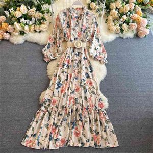 Women Fashion Holiday Printed Chiffon Dress Sweet Wooden Ear Stand Collar Long Sleeve Elegant Vestidos M481 210527