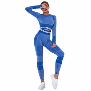 Women Yoga Set Skinny SeamlKnitted Quick-drying Tracksuit Female Striped Long Sleeved Gym Yoga Top Pants Suit Sports Set X0629