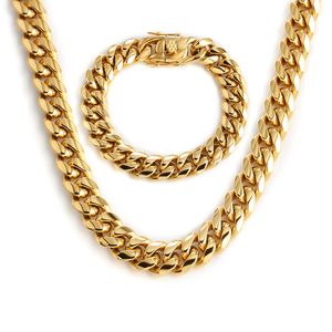 Miami Cuban Link Chains Men Women Jewelry Sets Hip Hop Necklaces Bracelets 316L Stainless Steel Double Safety Lock Clasps Curb Chain 1.4cm Wide 18inch-30inch 2 Colors