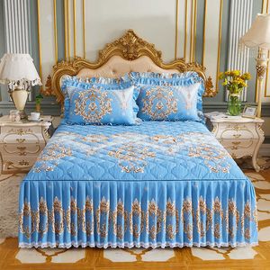 3 Pcs Bed Sheet Set Princess Cotton Skirt spread Home Thickened Frosted Lotus Leaf Queen Size Sheets for 210626