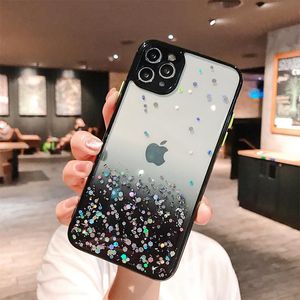 Epoxy Gradient Glitter Telefonfodral Drop Lim Clear Camera Portector för iPhone 12 Mini Pro Max 11 x XS XR 7 7P 8 8Plus fallskydd