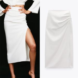 TRAF Za Women Ruched Skirts Summer White Long High Waist Pencil Basic Elegant Slit Fashion Midi 210629