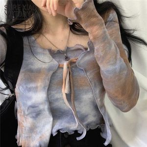 Tie Dye Blouse Women Sexy V-Neck Long Sleeve Female Top Summer Casual Lace Up Lady's Blouse+Camis Chemisier Femme 10372 210528