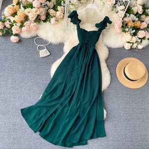 Abito lungo da donna con scollo a barchetta a vita alta Elegante abito da sera a trapezio con scollo a barchetta elegante Verano Abito da festa vintage verde / rosso per donna 210719