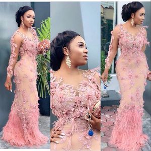 2022 Pink Aso Ebi Arabic Luxurious Lace Beaded Prom Dresses Mermaid Long Sleeves Evening Dresses Feather Formal Party Second Reception Gowns