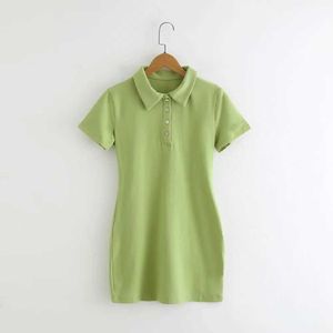 Sommar lapel Kortärmad Höftklänning Kvinnors Slim Solid Färg Casual Svart Vit 210607