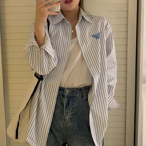 cotton shirt korean style butterfly embroidery stripe long sleeve blouse women loose sun protection tops (F4047) 210423