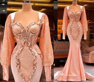 Plus Size Arabic Aso Ebi Luxurious Mermaid Sexy Prom Dresses peach pink Lace Beaded Long Sleeves Evening Formal Party Second Reception Gowns Dress