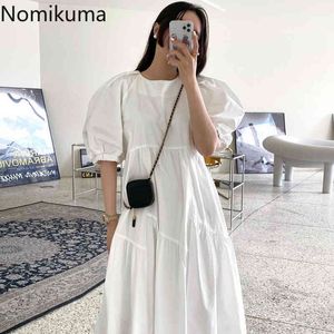 Nomikuma Puff Sleeve Dress Women O Neck Casual White Dresses Female Korean Style Summer Robe High Waist Solid Color Vestidos 210514