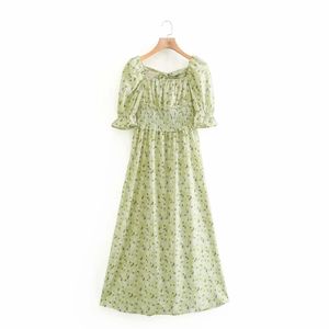 Sommar kvinnor fyrkantig krage elastisk midja tryckt midi klänning kvinnlig puff ärm kläder casual lady lös vestido d7705 210430