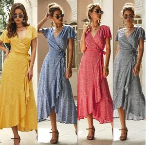 2021 estate donna casual increspato maniche corte abito in chiffon con scollo a V vita alta stampa floreale spiaggia abiti longuette senza schienale abiti sexy 030401