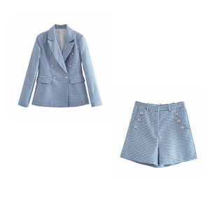 BBWM ZA Spring Women's Clothing Houndstooth Casual Suit Jacket + Button High Waist Casual Bermuda Shorts 210520