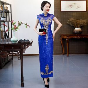 Etnisk Kläder Blå Perspektiv Lady Cheongsam Mandarin Collar Kinesisk Vestidos Vintage Button Plus Size 3XL 4XL QIPAO Sexig bankettklänning