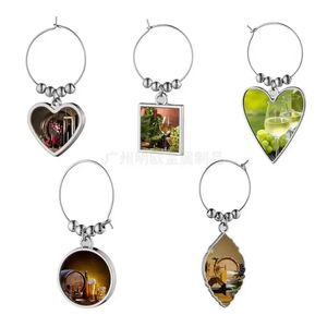 Fai da te in bianco lega di sublimazione Charms per bicchiere di vino Marker calice ID Hoop Tag Party Cup Anelli Calore Trasferimento termico Stampa Disegni Wine Tasting Cup Signature Tag WHT0228