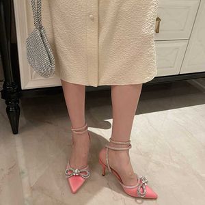 Dress Shoes Summer Ladies Luxury Satin Leather High Heels Transparent Party Sandals Cross Tied Crystal Bow Glitter Rhinestone Women