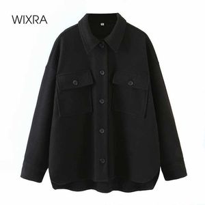 Wixra Womens Solid Woolen Shirt Jacket Coat Ladies Fickor Tjock Turn Down Collar Casual Kvinna Ytterkläder 210930