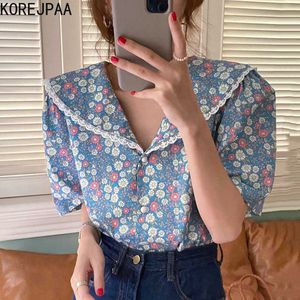 Korejpaa Kvinnorskjorta Sommar Koreanska Chic Retro Små Blommor Docka Krage Lace Stitching Single-Breasted Short-Sleeved Blouses 210526