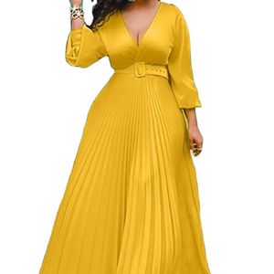 Women Maxi Dresses Long Sleeve Pleated Woman V Neck Plus Size High Waist dress Female Party Clothing Chiffon Clothes