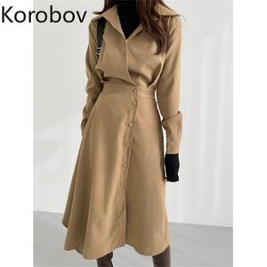 Korobov Spring Summer Korean New Chic Solid Women Dress Irregular Single Breasted Dresses Long Sleeve Vestidos 210430