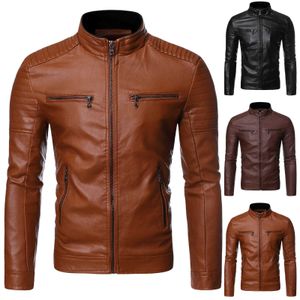 Męskie Kurtki zimowe Casual Stand Collar Motocykl Mężczyźni Kurtka Zimowa Zipper Solid Color Długi Rękaw Skórzana Kurtka Płaszcz X0621