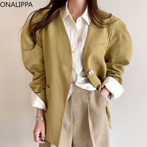 Kadın Ceketler Onalippa Kadın Ceket 2021 Sonbahar Fransız Chic Vintage V Yaka Bir Düğme Büyük Cepler Katı Renk Gevşek İnce Puf Kol Bla