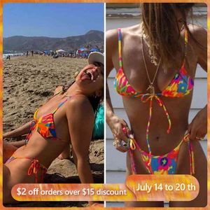 Rinabe Sexy Bikini Swimsuit Patchwork Print Swimwear String Set Bathing Suit Women Biquini Thong s Beachwear 210722