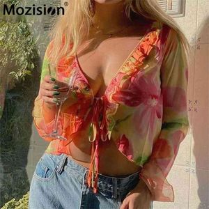 Mozision Summer Print Long Sleeve T Shirts Frauen Y2K Rüschen bedruckte Crop Tops Ladies Bandage Strand Freizeit sexy Tee Shirt 210819