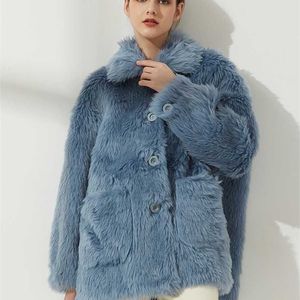 Wixra女性シープスキンウールコートレディース冬シングルブレスト本物の毛皮の毛皮の外観ジャケットの特大暖かい高級オーバーコート211124