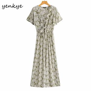 Vintage Floral Impressão Feriado de Verão Jumpsuit Mulheres Front 'Sexy Nó V Pescoço Manga Curta Boho Long Romper Combinaison Femme 210430