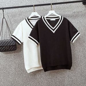 L-3xl Plus-Size T-shirt das Mulheres Verão Manga Curta V Pescoço Retalhos Kint Suéteres Superstremis Solta Solta Jumper Feminino Casual 210604