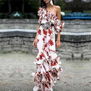 High Street Stylish Designer Dress Kvinnors Slash Neck Charmigt Blommigt Print Ruffle Long 210521
