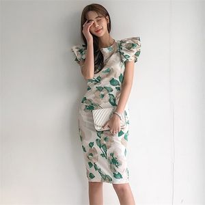 ファッション女性パフスリーブオフィスシックな女性のドレスヴェスディド夏のエレガントなスリムウエストプリント韓国ドレス210520