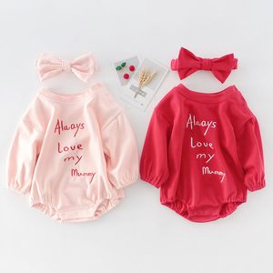Infant Baby Girls Rompers Clothes Letter Embroider Long Sleeve And Hair Band Spring Autumn 210429