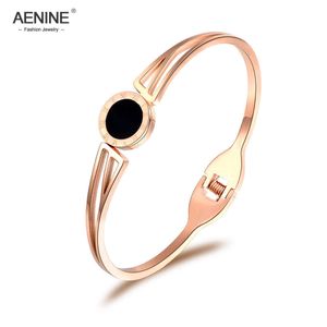 Aenine Rose Gold Rostfritt stål Svart Akryl Romerska Numreringar Manschettband Bangles Armband Lovers Smycken Alla hjärtans daggåva AB18052 Q0717