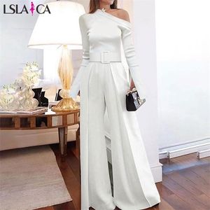 Fashion jumpsuit women long sleeve tops&long pants white bodysuit casual elegant office party plus size ladies 210515