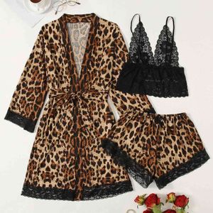 Sexy Satin Silk Pajamas Women Nightdress Leopard Print Lingerie 3pcs Robes Sets Underwear Sleepwear Lace Homewear Q0706