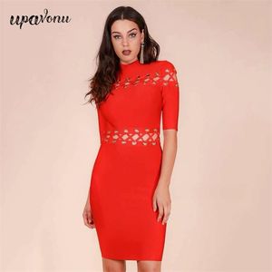 Free Women's Summer Bandage Dress Stand Collar Short Sleeve Sexy Hollow Bodycon Club Night Party Vestido 210524